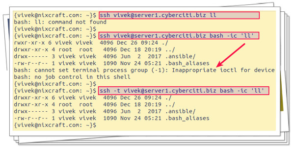 Running bash aliases over ssh based session when using Unix or Linux ssh cli