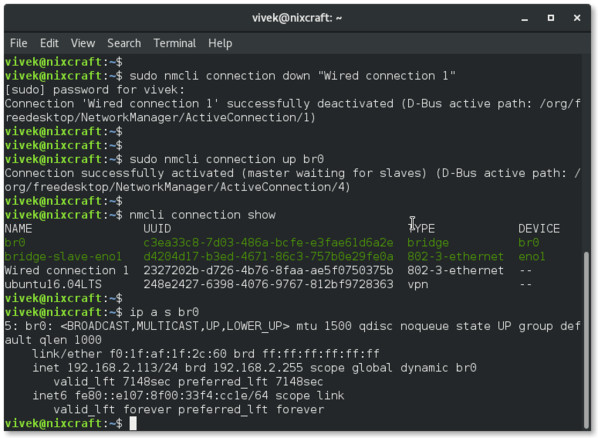 Build a network bridge with nmcli on Linux