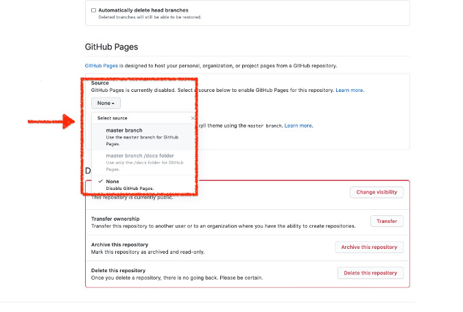 Setting Source to master branch