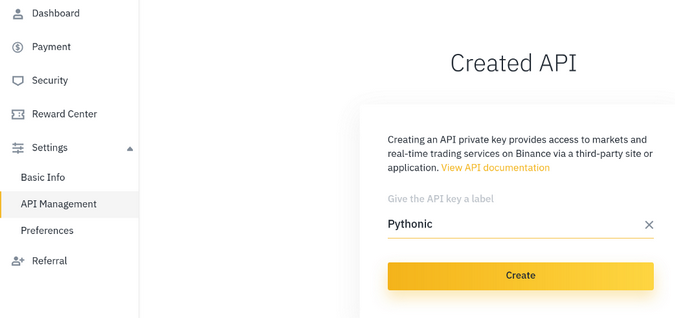 Creating an API key in Binance