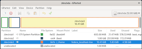 GParted’s view of Btrfs on Fedora 33 Workstation using GParted