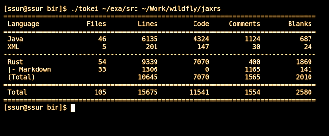 Running Tokei on two files