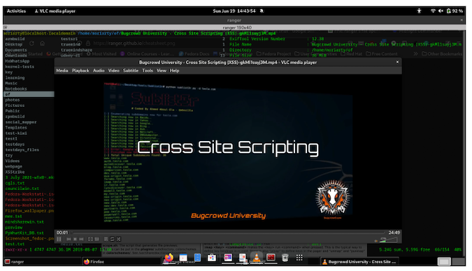 Screenshot of a Bugcrowd University Cross Site Scripting video in VLC media player, previewed over the terminal