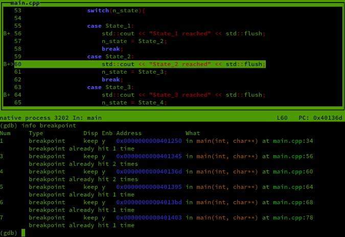 gdb output info breakpoints