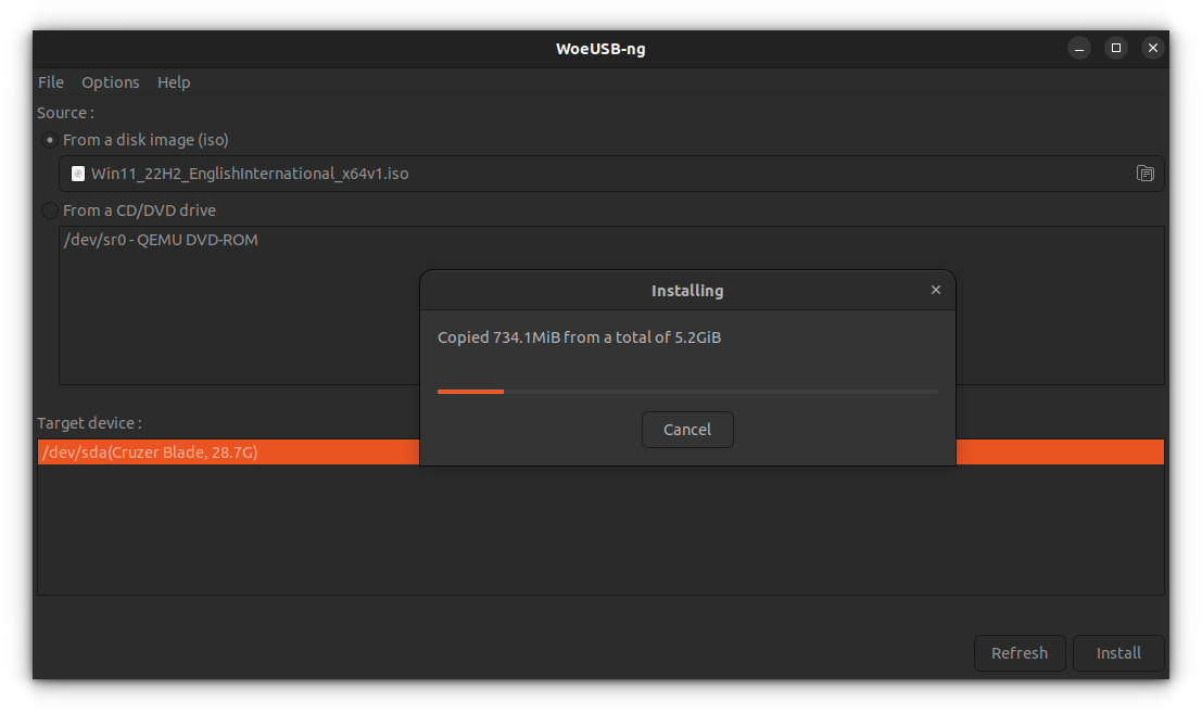 woeusb writing windows iso to the usb drive